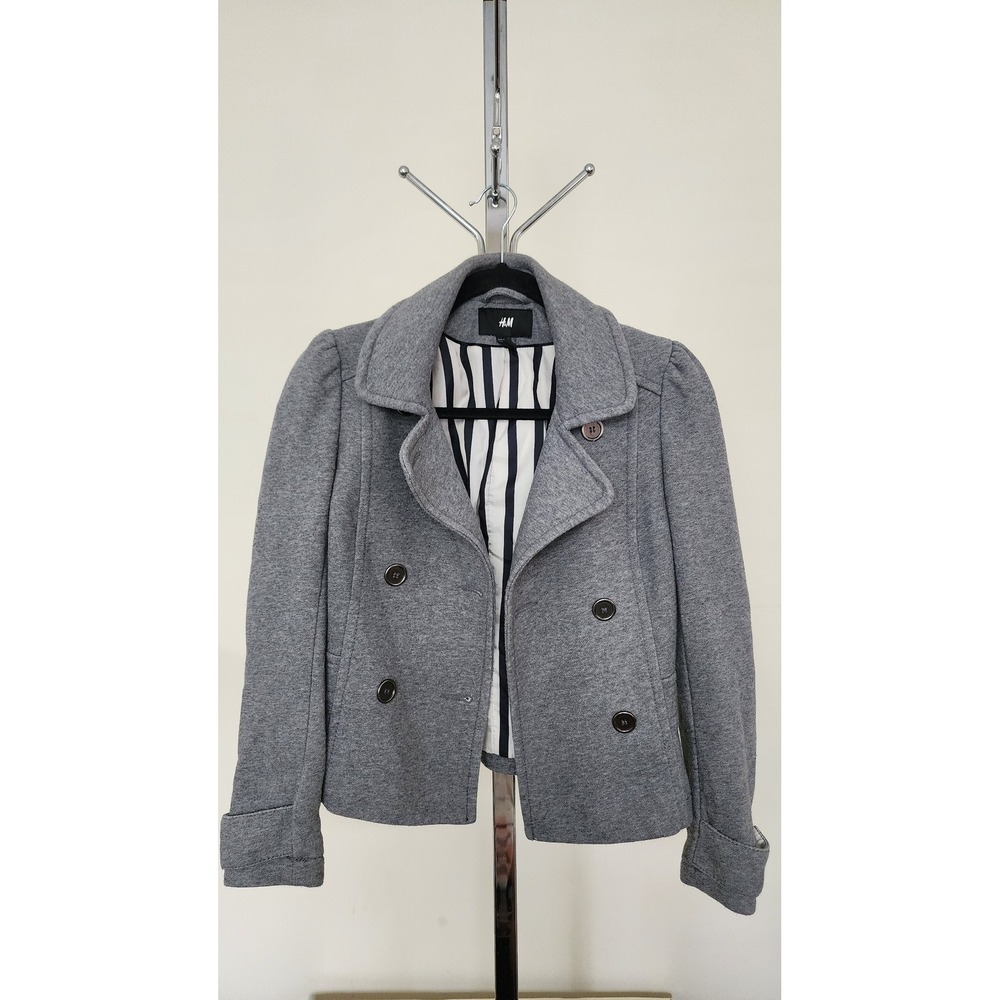 Womens Gray Double Breasted‎ Pea Coat Puff Sleeve Striped Lining Nautical Size 2